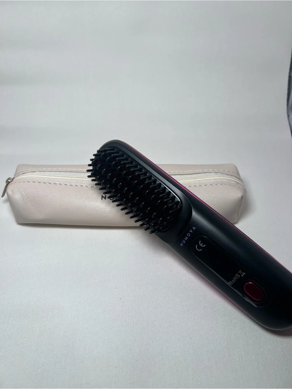 Numoya Pink & Black Heated Straightening Brush - Portable Hair Styling Tool